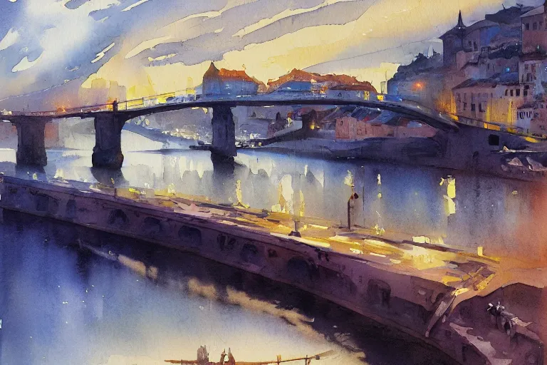 Prompt: small centered on watercolor paper, paint brush strokes, abstract watercolor painting of porto, bridge, cinematic light, national romanticism by hans dahl, by jesper ejsing, by anders zorn, by greg rutkowski, by greg manchess, by tyler edlin