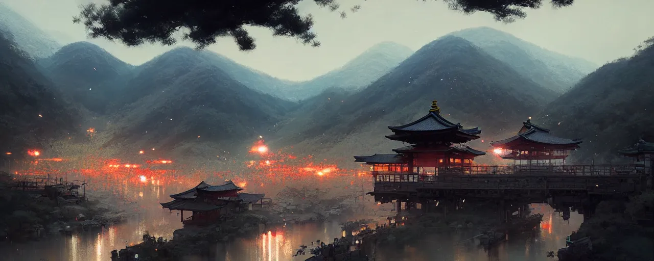 Prompt: japanese mountain countryside small town, landscape, summer festival night, fireworks, illustration, highly detailed, digital painting, concept art, matte, art by ruan jia and wlop and greg rutkowski and makoto shinkai, masterpiece