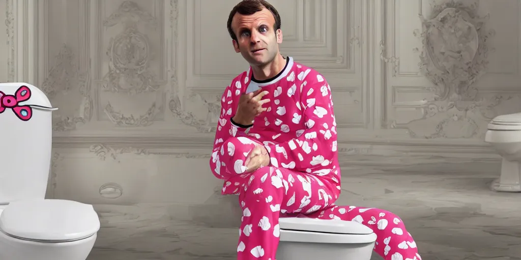 Image similar to picture of emmanuel macron dressed in a hello kitty pajamas on a toilet, photorealistic, higly detailed, 8 k