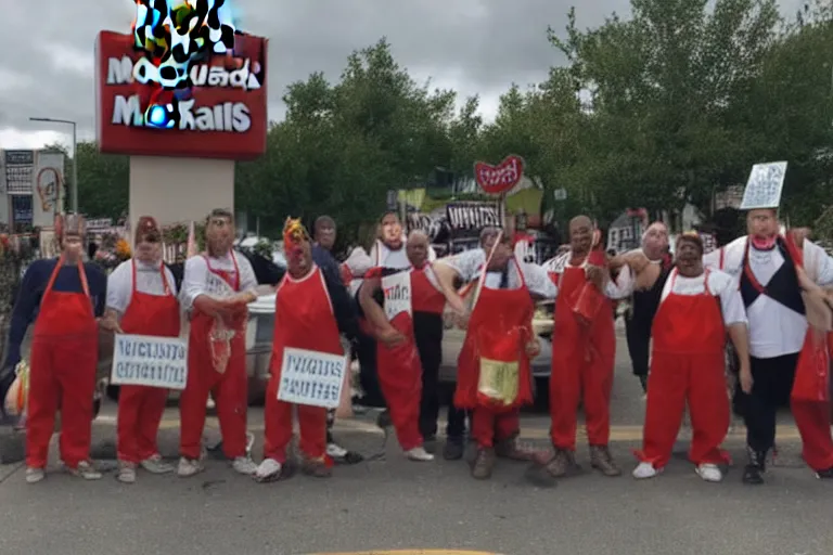 Image similar to cellphone photograph of a group of orcs protesting the working conditions in a mcdonalds parking lot. daylight. mcdonalds uniforms, aprons. picket signs