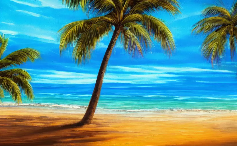 Prompt: A calming beautiful award winning painting of a tropical beach with palm trees and a wavy blue ocean trending on artstation vibrant color scheme lots detail 4k ultra HD at sunrise