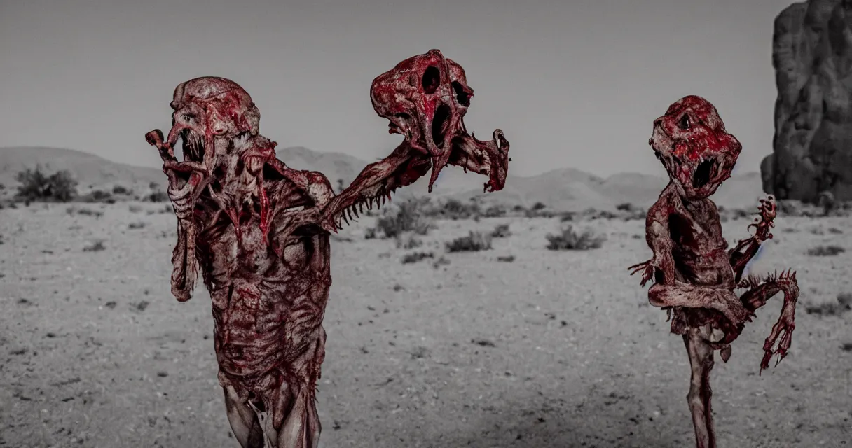 Image similar to in the desert a bloody gross horrifying The Thing creature made of muscle and bone and blood stares at the camera, eating, mid day, 35mm photography, realistic,