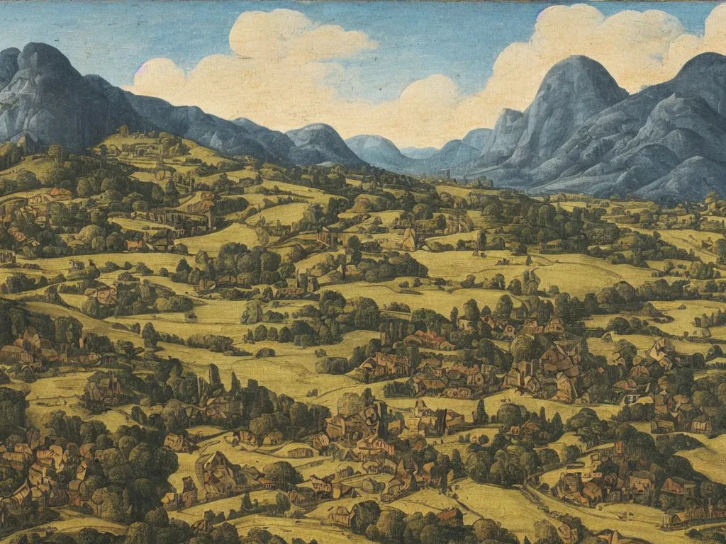 Prompt: medieval scenic with a fields hills and mountains