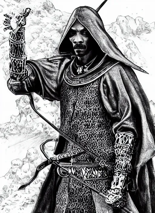 Image similar to Snoop Dogg as a knight, highly detailed, black and white, manga, art by Kentaro Miura