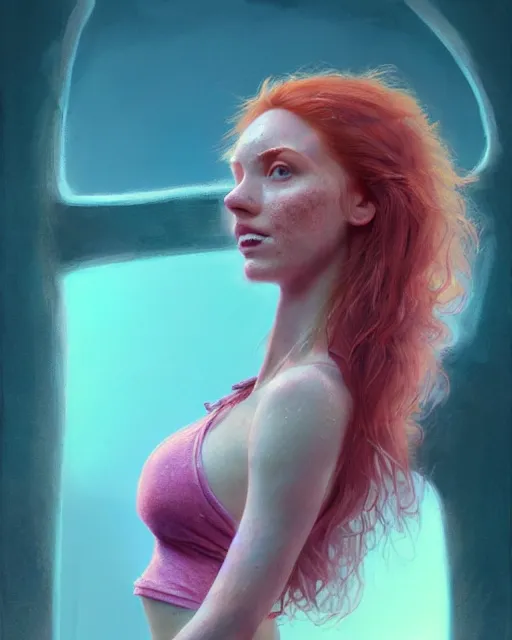 Prompt: female influencer, perfect face, pink halter top, ginger hair, abs, cinematic, freckles, stunning, adorable, cute, athletic, strong, agile, highly detailed, psychedelic, digital painting, artstation, smooth, hard focus, illustration, art by jessica rossier and and brian froud