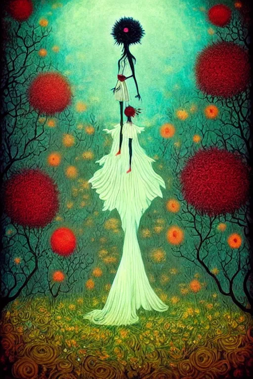 Image similar to surreal neil gaiman's Death, nostalgia for a fairytale, magic realism, flowerpunk, mysterious, vivid colors, by andy kehoe, amanda clarke