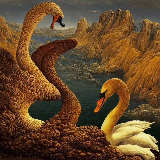 Prompt: a painting of a mount in the shape of a swan by johfra bosschart, dark fantasy art, high detail, trending on artstation