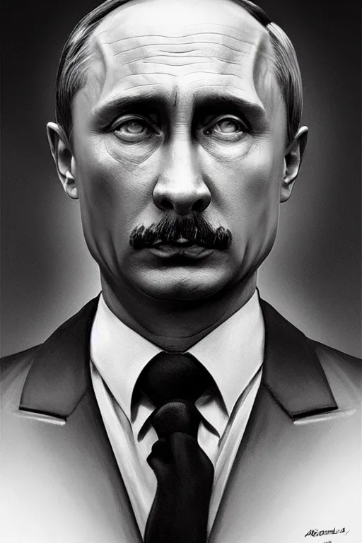 Image similar to vladimir putin as hitler, realistic portrait, symmetrical, highly detailed, digital painting, artstation, concept art, smooth, sharp focus, illustration, cinematic lighting, art by artgerm and greg rutkowski and alphonse mucha