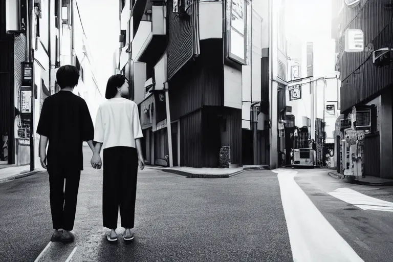 Image similar to still photo of two japanese couple holding hands on the street, black and white color aesthetic, highly detailed, photorealistic portrait, bright studio setting, studio lighting, crisp quality and light reflections, unreal engine 5 quality render