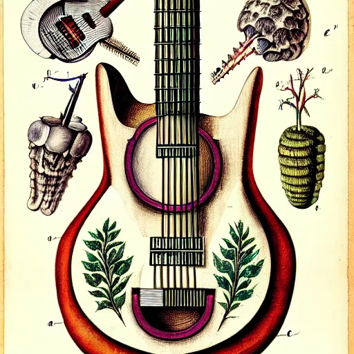 Image similar to anatomical diagram of a guitar, by maria sibylla merian