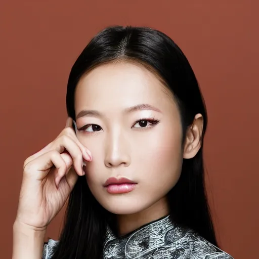 Prompt: asian female fashion model with huge cheekbones.