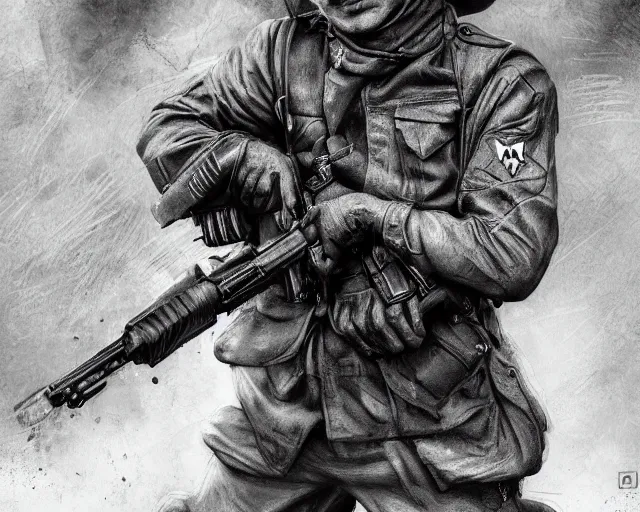 Prompt: A soldier aiming a gun, hateful face, world war 1, close-up, realistic face, beautiful face detail, mature facial features, black and white, amazing digital art, hyper detailed, artstation, in the style of Tony Sart