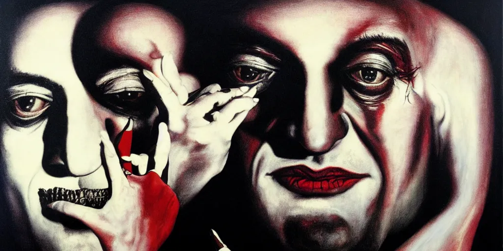 Image similar to ney matogrosso with malice, chiaroscuro, leather, lace, painting by gottfried helnwein, by salivdor dali