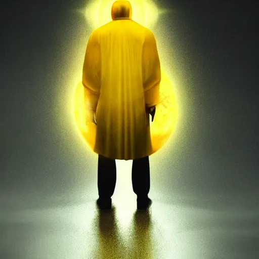 Prompt: award - winning. trending on artstation. cinematic. expressive. a faceless man wearing layered yellow robes while a black hole floats behind them. dark background.