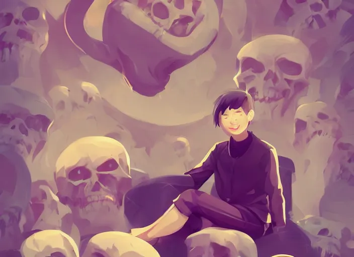 Image similar to cute smiling demon sitting on a pile of skulls. clean cel shaded vector art. behance hd by lois van baarle, artgerm, helen huang, by makoto shinkai and ilya kuvshinov, rossdraws, illustration, art by ilya kuvshinov