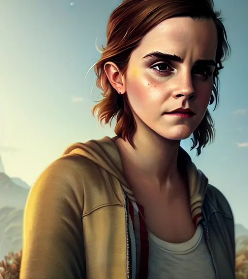 Image similar to highly detailed emma watson portrait in gta v, stephen bliss, unreal engine, fantasy art by greg rutkowski, loish, rhads, ferdinand knab, makoto shinkai and lois van baarle, ilya kuvshinov, rossdraws, tom bagshaw, global illumination, radiant light, detailed and intricate environment