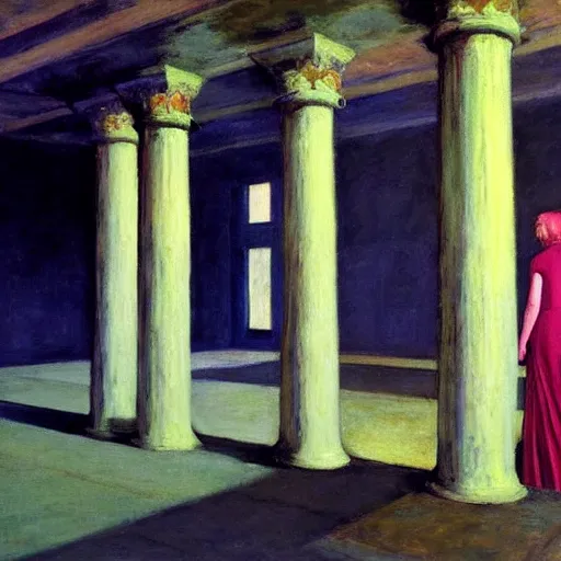 Image similar to procession of women in an haunted liminal abandoned temple, film still by edward hopper, by gottfried helnwein, by klimt, art noveau, highly detailed, strong lights, liminal, eerie, bright pastel colors,