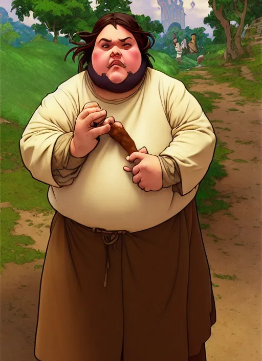 Image similar to dirty, overweight medieval peasant holding ham shank, natural lighting, path traced, highly detailed, high quality, digital painting, by don bluth and ross tran and studio ghibli and alphonse mucha, artgerm