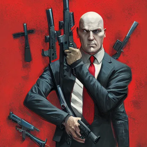 Image similar to an expressive portrait of agent 4 7 from hitman choosing a weapon from a wall full of guns, dark background, red rim light, highly detailed, digital art, artstation, concept art by giger stalenhag
