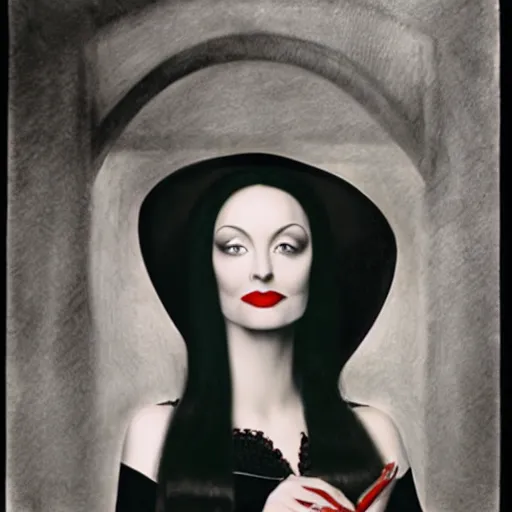 Prompt: portrait still of morticia addams, art style by millais,