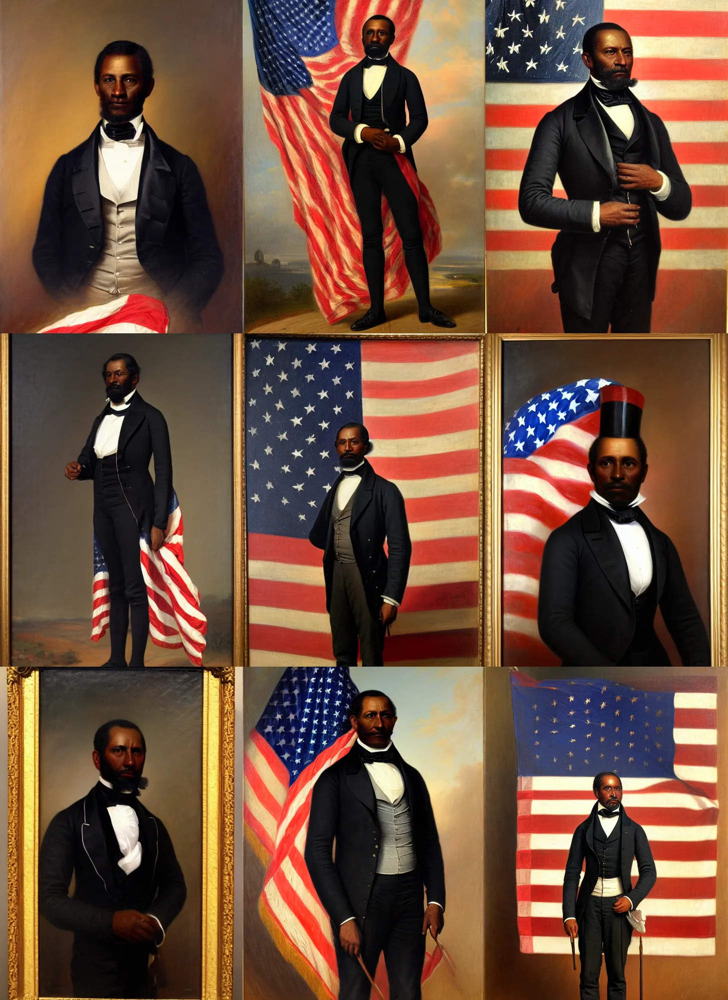 Prompt: portrait of the united states president, 1 8 6 7. a black man from louisiana. standing tall in front of the american flag. oil on canvas by william sidney mount, trending on artstation