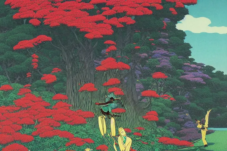 Image similar to gigantic cats catch gigantic dragonflies, a lot of exotic flowers around, heads are all over the ground, acid and dreaming psychedelic hallucinations, by kawase hasui, dirtyrobot, edward hopper, satoshi kon and moebius, colorful flat surreal design, super - detailed, a lot of tiny details, fullshot