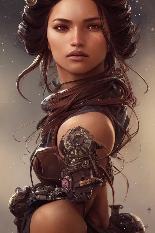 Image similar to ultra realistic illustration, snowy, beautiful brown woman, hacknaut cyberpunk, sci - fi, fantasy, intricate, elegant, highly detailed, digital painting, artstation, concept art, smooth, sharp focus, illustration, art by artgerm and greg rutkowski and alphonse mucha