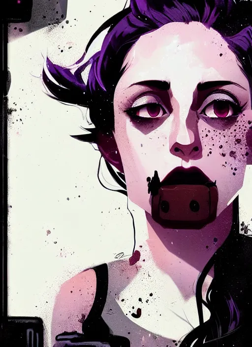 Prompt: highly detailed closeup portrait of beautiful carly chaikin as darlene alderson, wavy black hair, by atey ghailan, by greg rutkowski, by greg tocchini, by james gilleard, by joe fenton, by kaethe butcher, gradient purple, black and white color scheme, grunge aesthetic!!! ( ( graffiti tag wall background ) )