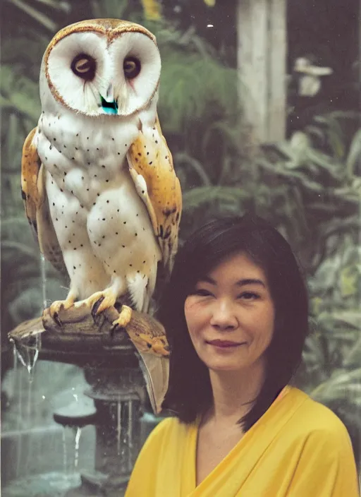 Image similar to head to shoulder portrait Polaroid film photograph of an elegant lovely woman wearing a yellow kimono with a very detailed barn owl on her shoulder!!! in a tropical greenhouse. looking at the camera!!. slight smile. super resolution. Extremely detailed. sitting inside a fountain. Pre - raphaelit .Polaroid 600 film.