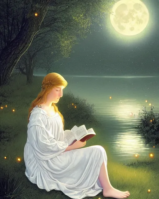 Image similar to girl in white nightgown reading a book by the river, a full moon on the horizon, dark starry sky, dreamy fantasy ambience with golden orbs and fireflies, detailed gothic illustration bright moon light, by edmund blair leighton, brom, charlie bowater, face by otto schmidt