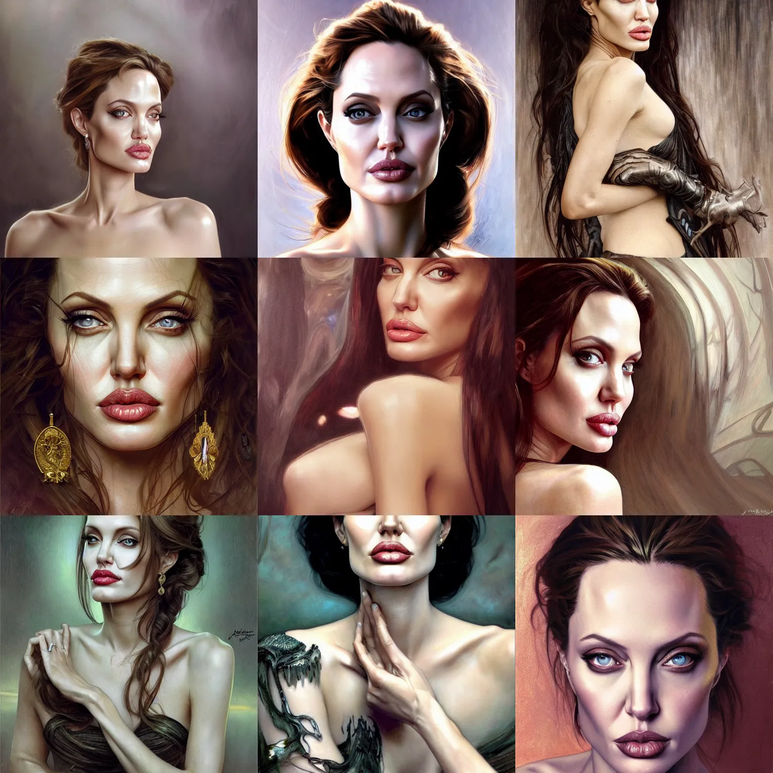 Prompt: Portrait of the Angelina Jolie, unreal, fantasy, intricate, elegant, dramatic, highly detailed, photorealistic, digital painting, painterly, artstation, concept art, smooth, sharp focus, art by John Collier and Krenz Cushart and Artem Demura and Alphonse Mucha and Albert Aublet