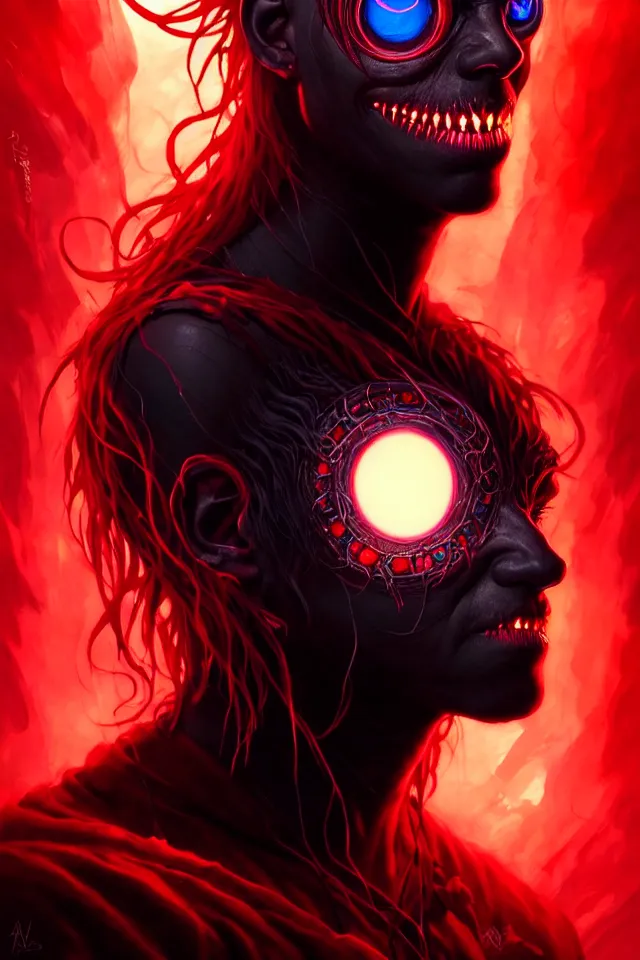 Image similar to a striking portrait of a pitch black eldritch shaman with sinister red eyes by moebius and ross tran and artgerm, trending on artstation, digital art, 4 k resolution, detailed, high quality, sharp focus, hq artwork, insane detail, volumetric lighting, character concept art, fine details, central clear subject