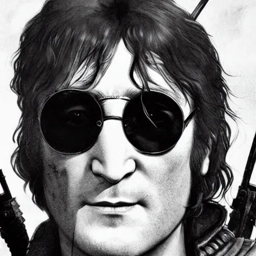 Image similar to john lennon as a mad max villain, ultra realistic, concept art, intricate details, highly detailed, photorealistic, octane render, 8 k, unreal engine, art by frank frazetta, simon bisley, brom