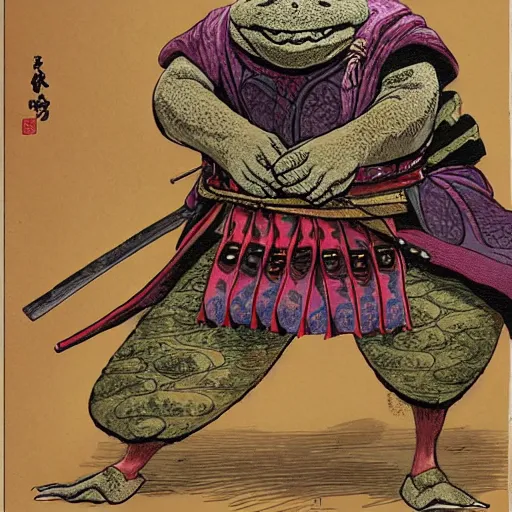 Prompt: mr toad as a samurai master. toad dressed as samurai. concept art by james gurney and mœbius.