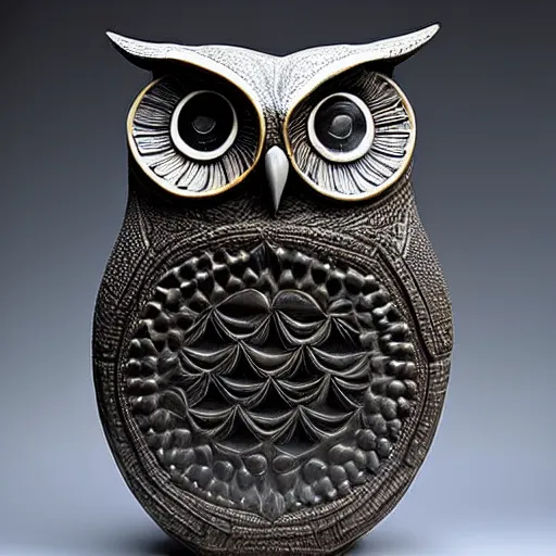 Prompt: symmetrical detailed sculpture of an owl, made of Oily Obsidian