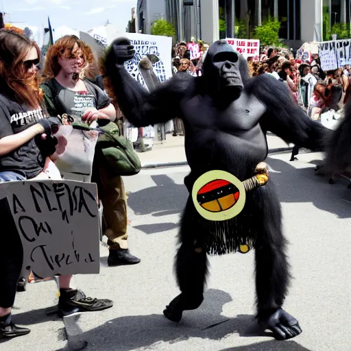 Prompt: A gorilla at an anti-war protest, wearing a kilt