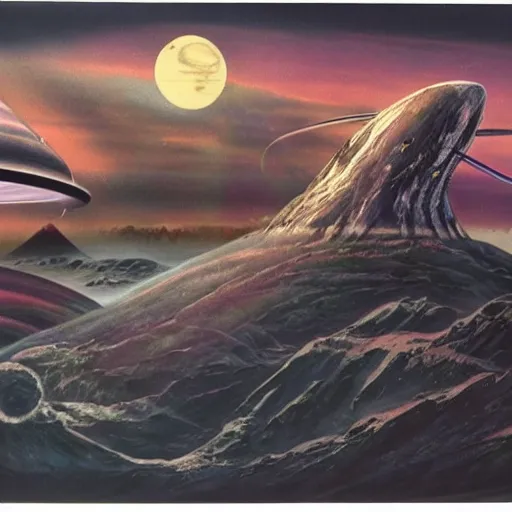 Image similar to 70's Sci-Fi art of an alien planet