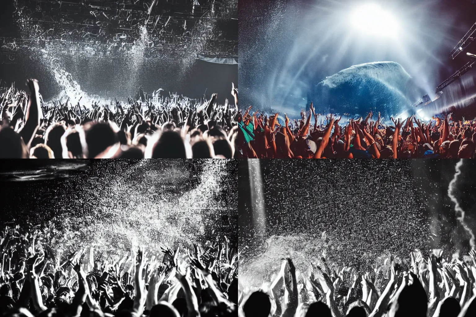 Prompt: tsunami hits a concert, concert photography, dynamic perspective, water