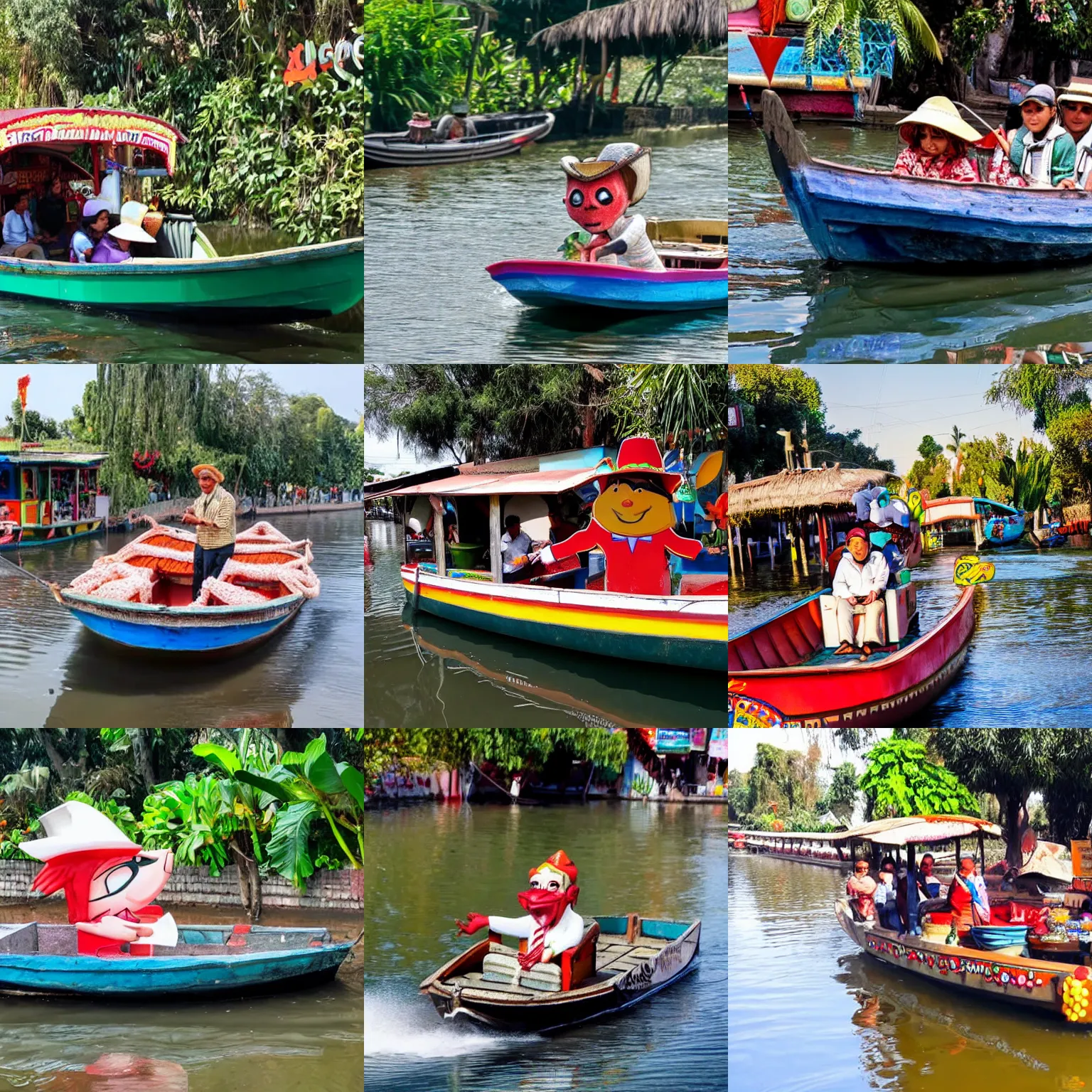 Prompt: A cartoon shimp driving a boat in the rivers of Xochimilco, Mexico City