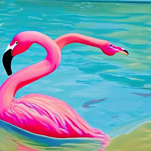 Image similar to flamingo pool float in a vast rippling swimming pool, oil painting