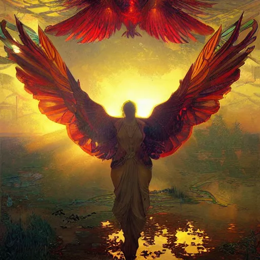 Prompt: the solarpunk phoenix, red bird, regeneration, landscape, epic composition, 8 k, volumetric light, bokeh, painting by greg rutkowski by alphonse mucha