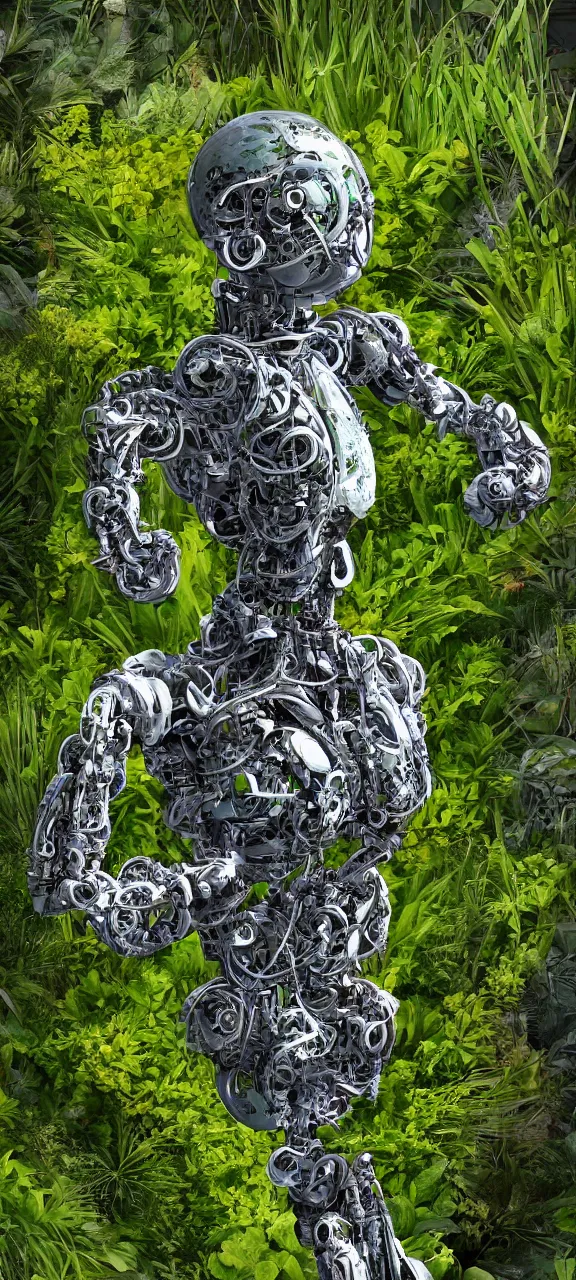 Image similar to robot body degraded and filled with plants, stunning, 4 k, detailed,