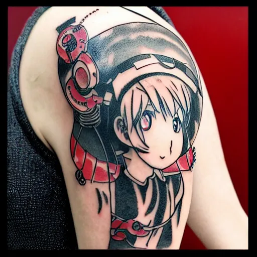 Prompt: Anime manga robot!! Anime girl tattoo, cyborg girl, exposed wires and gears, fully robotic!! girl, manga!! in the style of Junji Ito and Naoko Takeuchi, cute!! chibi!!! Schoolgirl, tattoo on upper arm, arm tattoo