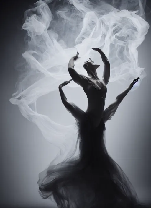 Image similar to a Photorealistic dramatic hyperrealistic render of a beautiful Female smoke dancer by Ken Brower and Deborah Ory of NYC Dance project,Lois Greenfield,Flowing cloth and smoke,Beautiful dynamic dramatic dark moody lighting,volumetric,shadows,cinematic atmosphere,Octane render,8K