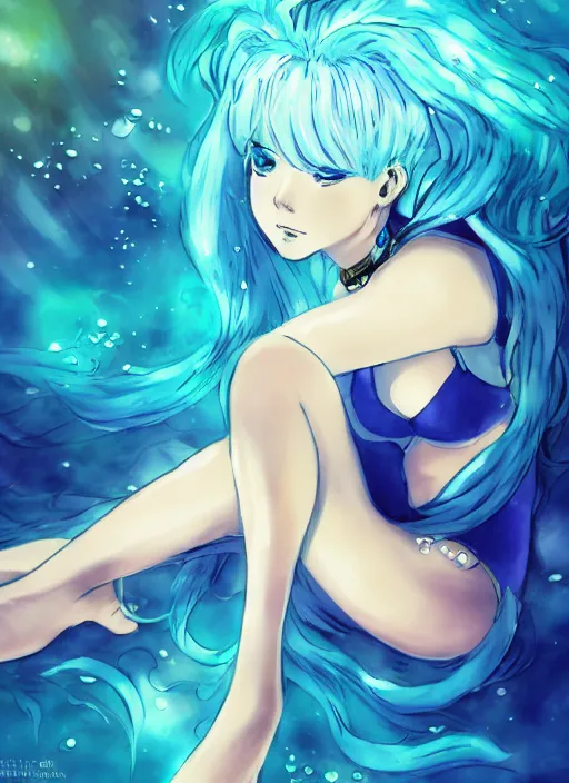 Image similar to a woman with blue hair sitting underwater, a beautiful anime drawing by yuumei, featured on pixiv, pixiv, seapunk, very anime anime!! detailed