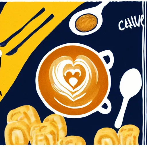 Prompt: a hand drawn illustration of a living box of KD mac and cheese holding a cup of coffee