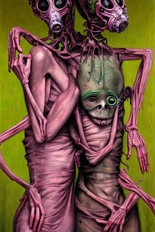 Prompt: two tiny, skinny figures draped in fleshy green and pink, wearing gas masks connected to their hearts, inside an gothic dystopian, abandoned hospital room, ayami kojima, greg hildebrandt, mark ryden, hauntingly surreal, eerie vibrating color palette of charlie immer, highly detailed painting by, jenny saville, soft light 4 k