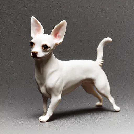 Prompt: A porcelain model of a chihuahua painted in an Emma Bridgewater pattern, style of Emma Bridgewater, sculpture, photograph, studio lighting, product photography, advertising photography, pottery, figurine, octane render –H 768