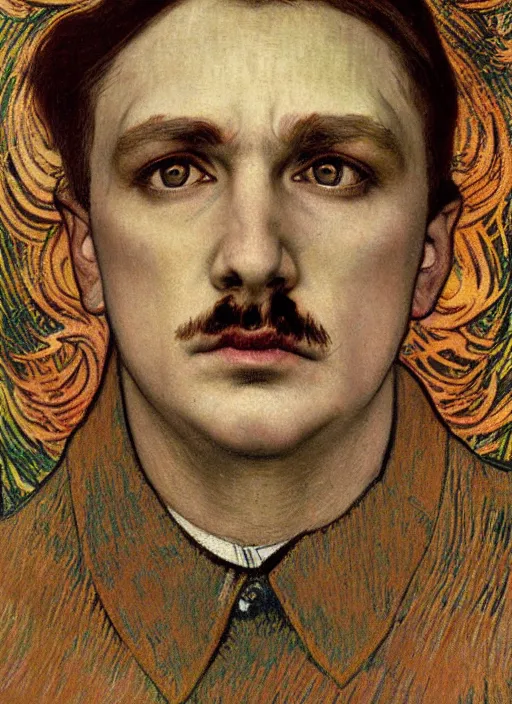 Prompt: detailed realistic beautiful young adolf hitler face portrait by jean delville, alphonse mucha, vincent van gogh, and marco mazzoni, art nouveau, symbolist, visionary, gothic, pre - raphaelite