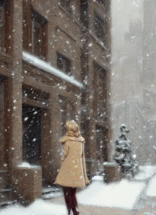 Image similar to back of emma stone in beige coat, walking into new york apartment building entrance in winter, close up of apartment entrance, snow, artwork by gaston bussiere, craig mullins, trending on artstation